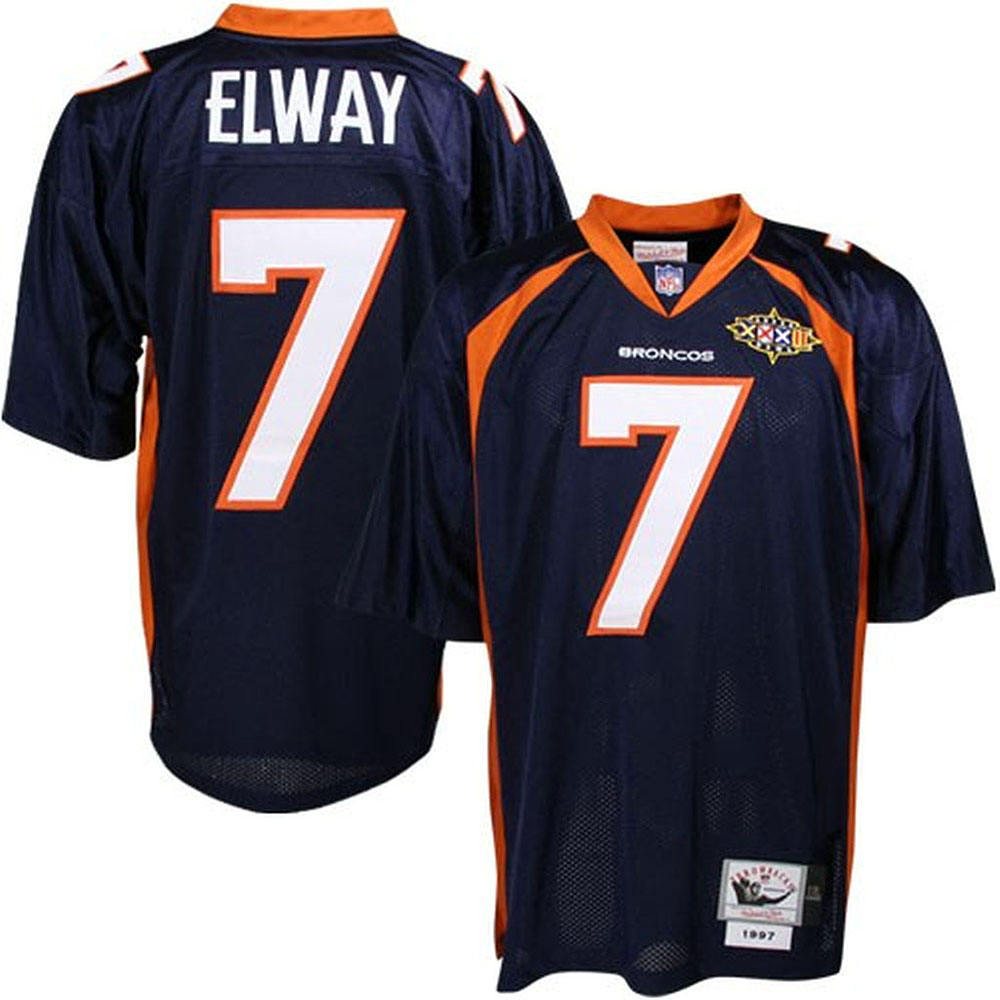 Men Mitchell Ness Denver Broncos 7 John Elway Blue 75th Patch Throwback NFL Jersey